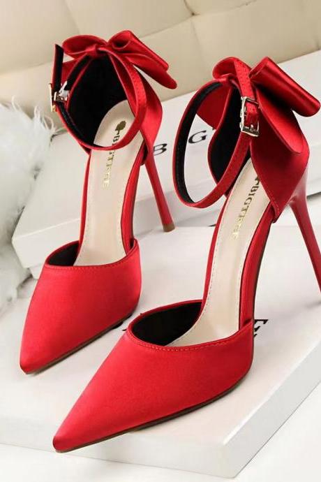 Sweet women's shoes, thin heel, high heel, shallow mouth pointed satin shoes, hollow back bow string sandals