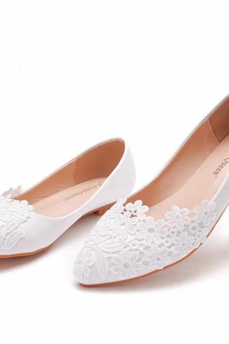 Flat Lace Wedding Shoes, White Pointed Casual Flat Shoes, White Lace Casual Women&amp;amp;#039;s Shoes, Girls Prom Shoes