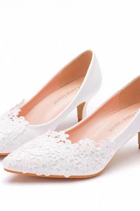 Elegant, Simple, Lace Flower Wedding Shoes, White 5cm High Heels Bride Shoes, , Wedding Shoes