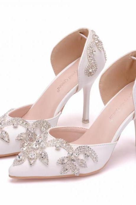 8 cm rhinestone wedding shoes, thin heel pointed sandals, two-piece sandals, large size rhinestone wedding shoes
