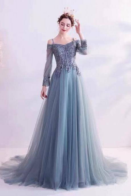 Elegant Blue Prom Dress, Long Sleeve Wedding Dress,fairy Party Dress,custom Made