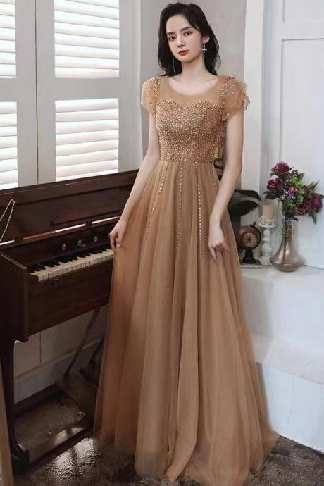 Champagne evening dress, Queen prom dress, elegant formal dress,cap sleeve party dress,custom made