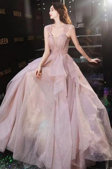 Off shoulder party dress, temperament socialite long prom dress,pink evening dress,custom made