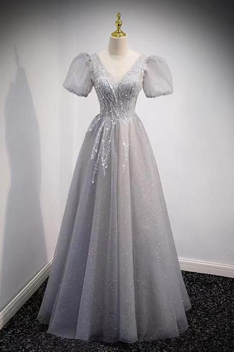 Grey Evening Dress, Fairy Prom Dress,v-neck Party Dress,custom Made