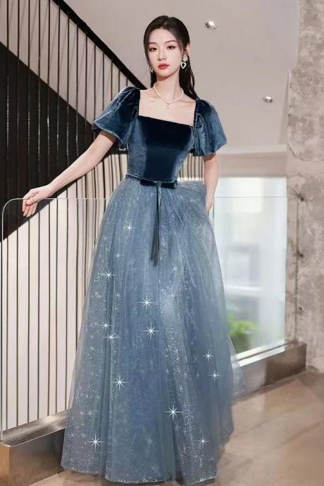 Blue evening dress, high quality prom dress, light luxury off shoulder evening dress,custom made