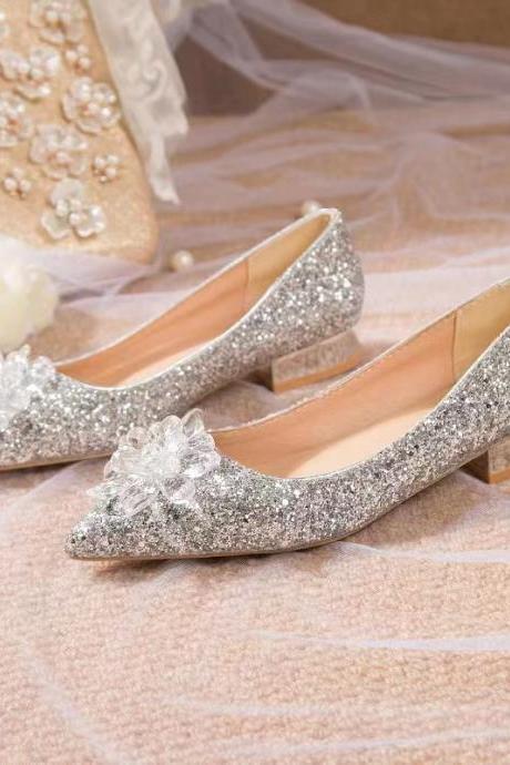 Pointy Toe, Low Heel, Rhinestone Sequins, Shallow Mouth, Wedding Shoes, Crystal Shoes