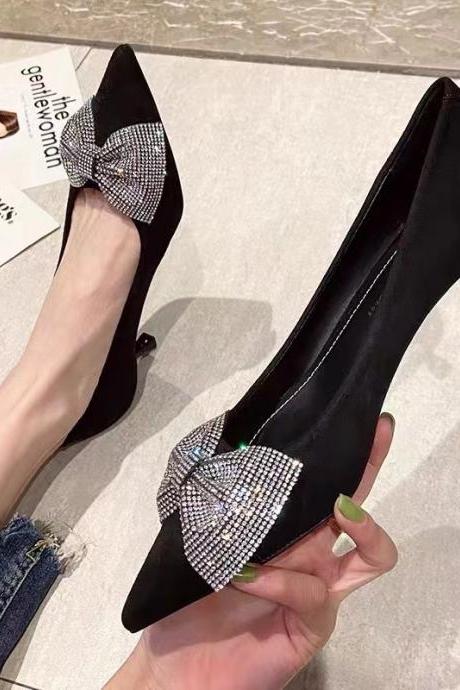 Rhinestone bow, pointy little high heels, autumn, new style, temperament black shoes