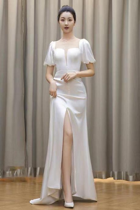 Satin light wedding dress with tail, simple dream memaid evening dress,white prom dress,custom made
