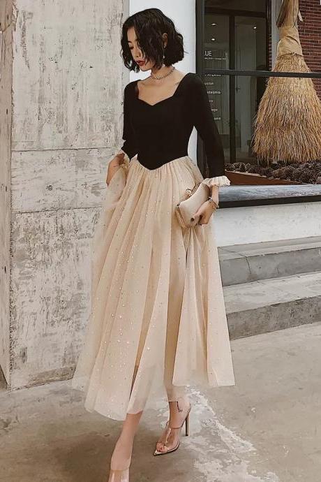 Long sleeve prom dress ,elegant midi dress, black and champagne party dress with sequin,Custom Made