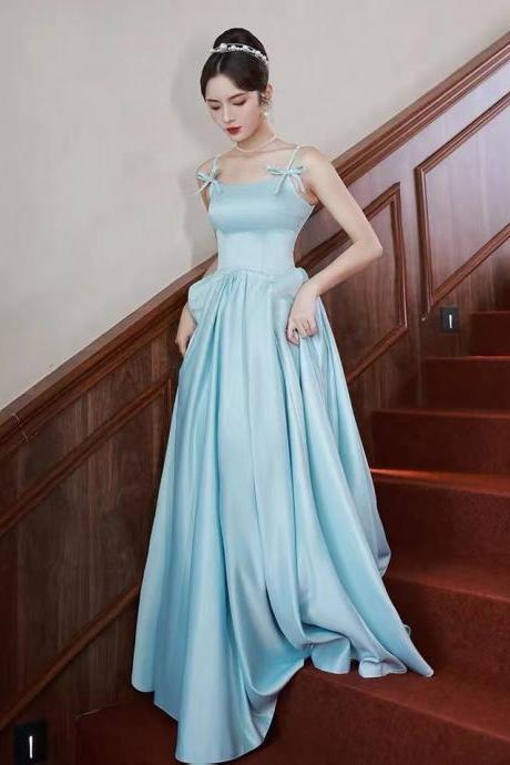 Cute evening dress, spaghetti strap party dress,satin blue prom dress,Custom made