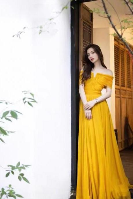 Off shoulder evening dress, sexy party dress,yellow prom dress,chic bridesmaid dress,Custom made