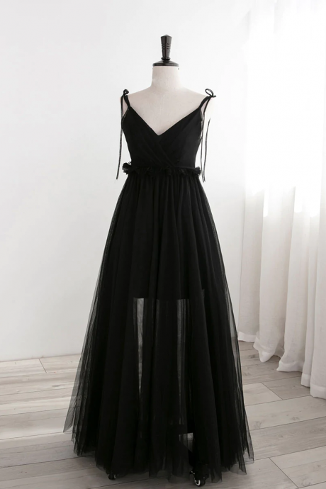 Spaghetti Strap A-line Prom Dresses,black Tulle Long Prom Dresses, Black Sexy Evening Dresses,custom Made