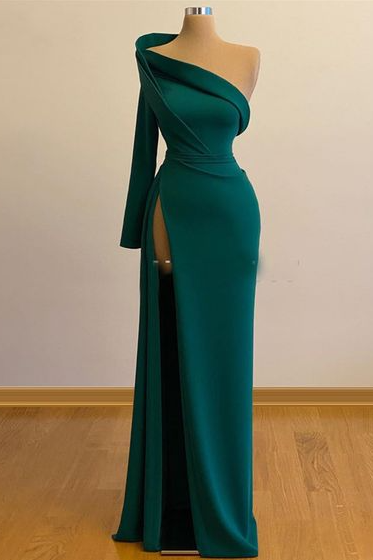 One-shoulder Prom Dress,long Sleeves Evening Gowns With High Slit ,custom Made