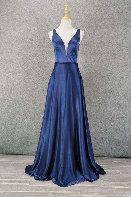 A -line Deep V Neck Prom Dress, Sleeveless Navy Blue Backless Dress,sexy Long Prom Dress ,custom Made