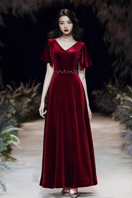 V-neck Prom Dress,red Party Dress,elegant Evening Dress, Velvet Formal Dress,custom Made