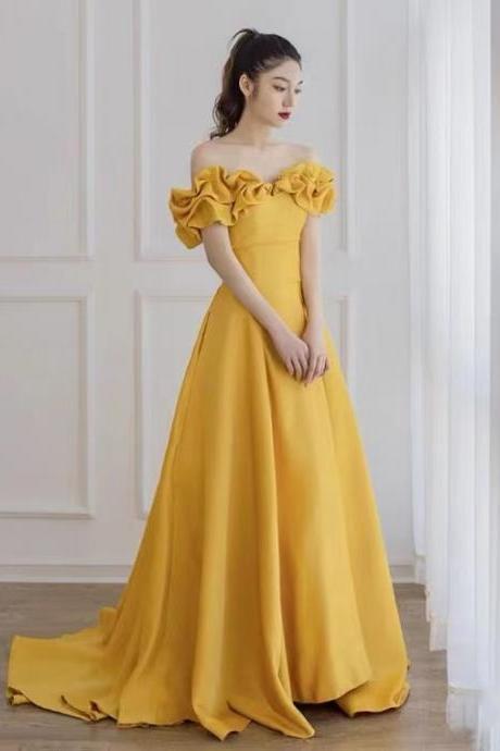 Off shoulder prom dress,yellow party dress,satin evening dress,Custom Made