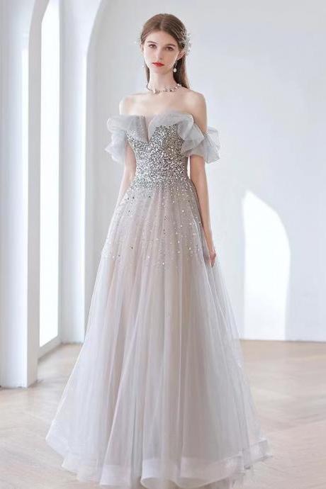 Temperament evening dress, off shoulder elegant grey prom ,fairy party dress,custom made