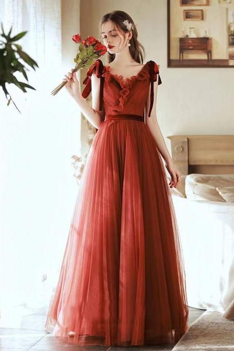 Princess prom dress, Burgundy dress, V-neck party dress, couture evening dress,custom made
