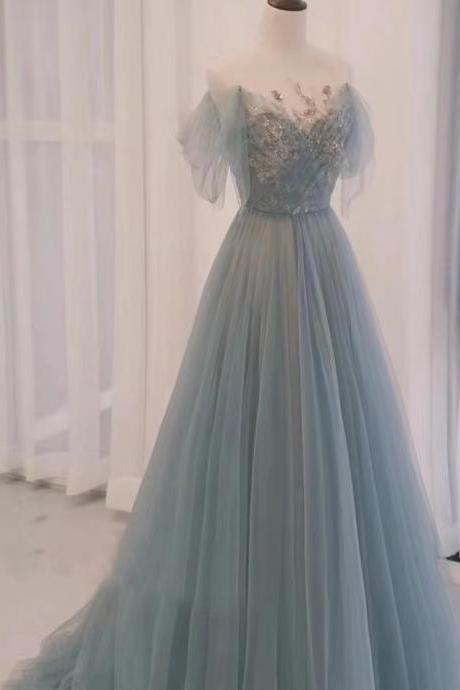 Gray blue party dress, light luxury prom dress, elegant temperament dream evening dress,Custom made