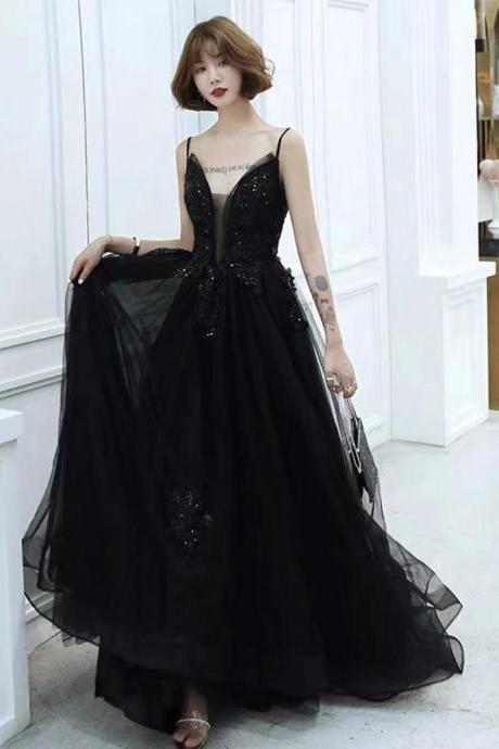 Spaghetti strap evening dress, sexy party dress, black prom dress,custom made