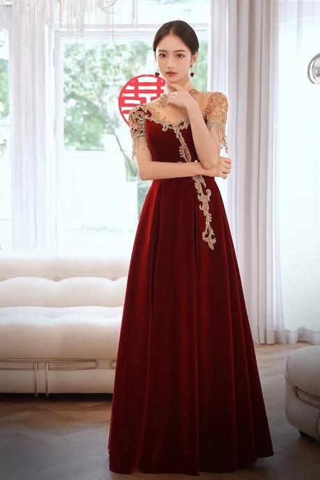 short sleeve evening dress, formal dress, high collar noble party dress, red dress,custom made