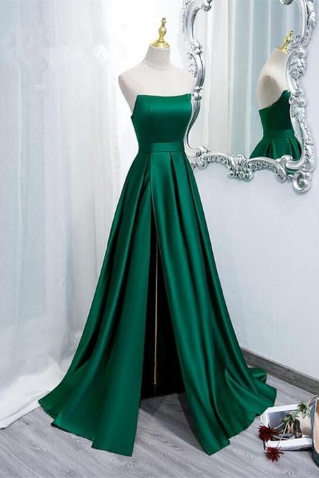 Green evening dress,satin party dress, strapless slit prom dress,custom made