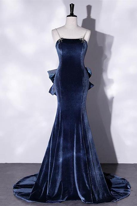 Spaghetti strap prom dresses, blue evening dresses, velvet party dresses,custom made