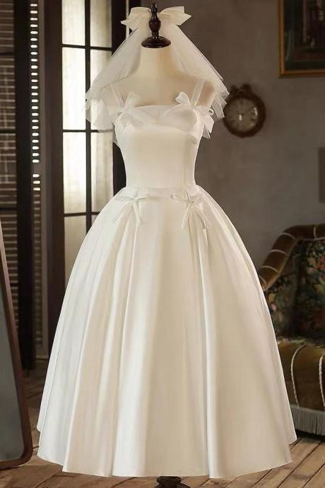 Light wedding bow dress, simple satin dress, cute white party dress,custom made