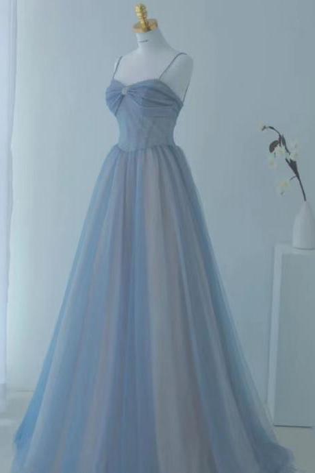 Spaghetti strap prom dress,blue party dress,shiny evening dress,custom made