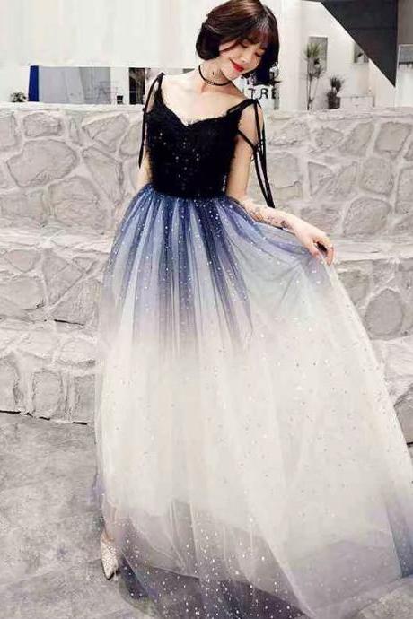 Fairy Dream Evening Dress , Spaghetti Strap Party Dress, Blue Starry Gradient Prom Resss,custom Made