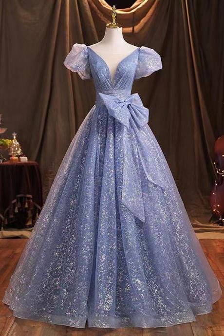 Long temperament ball gown dress,bubble sleeve prom dress, fairy blue party dress,Custom Made