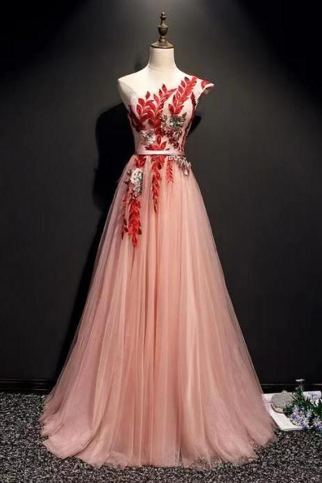 Long pink prom dress,one shoulder party dress,chic tulle evening dress with applique,Custom Made