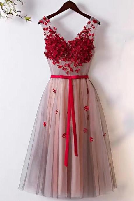 Red homecoming dress, V-neck midi dress, chic party dress,Custom Made