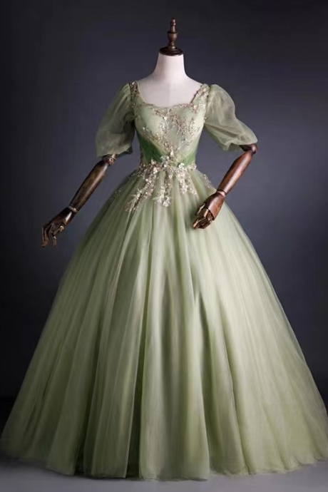 Green evening dress, off shoulder party dress,bubble sleeve ball gown dress,fresh quinceanera dress,Custom Made