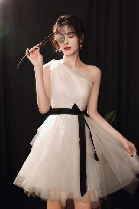 One shoulder prom dress, white evening dress,cute party dress,cute homecoming dress,Custom Made