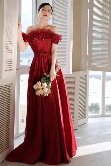 Off shoulder prom dress, chic red evening dress,satin party dress,sweet birthday dress,Custom Made