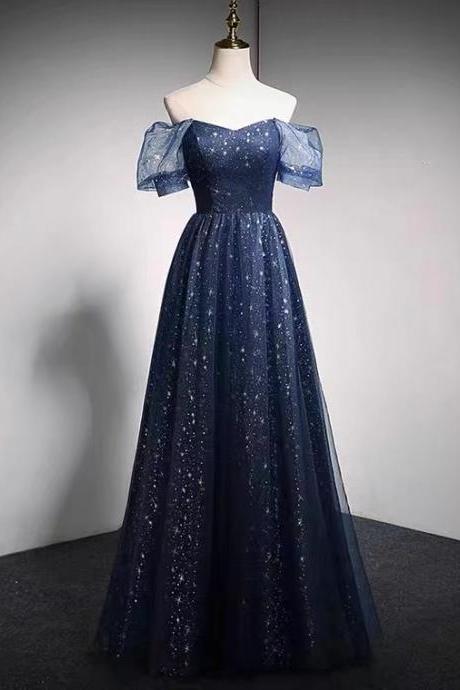 Off shoulder evening dress,dream prom dress, navy blue glitter party dress,custom made