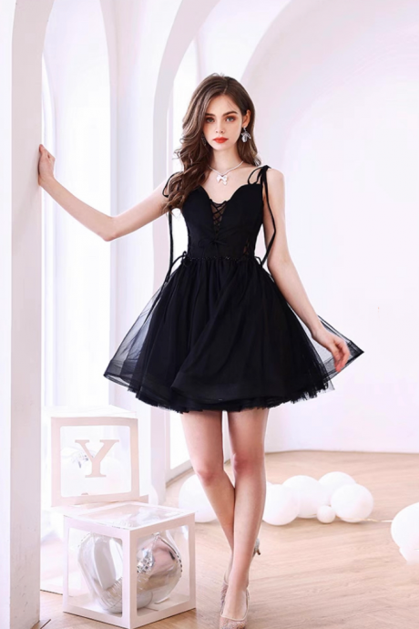 ,spaghetti Strap Party Dress,black Dress,cute Homecoming Dress,custom Made