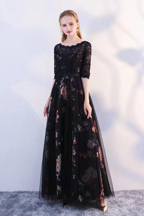 New,mid sleeve prom dress,elegant black dress,lace and flower formal dress,custom made