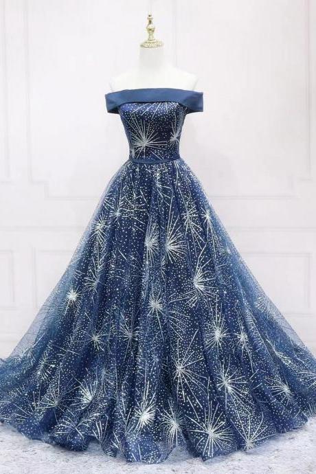 Off Shoulder Evening Dress, Blue Gold Sparkling Prom Gown,custom Made