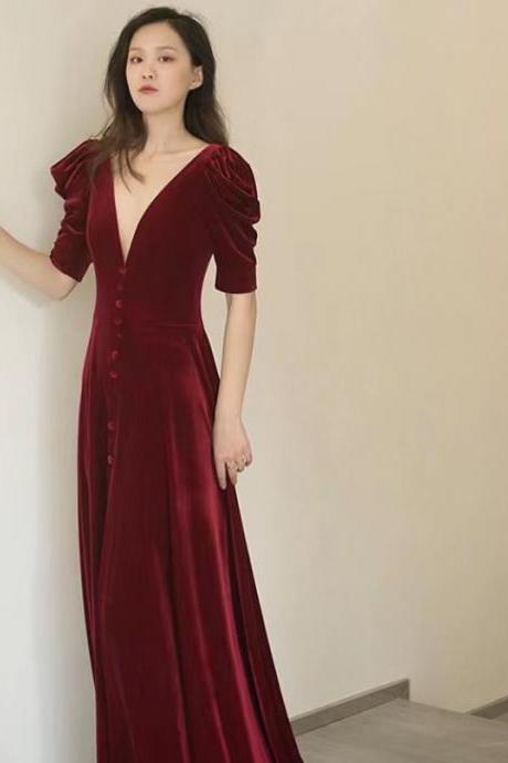 Red Prom Dress, Elegant Party Dress,velvet Slit Evening Dress,,custom Made