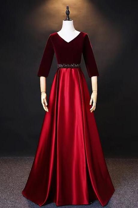 V-neck prom dress, red evening dress,elegant party dress,formal wedding guest dress,Custom Made