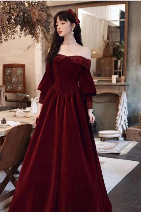 Off shoulder prom dress, chic red evening dress,long sleeve party dress,princess birthday dress,Custom Made
