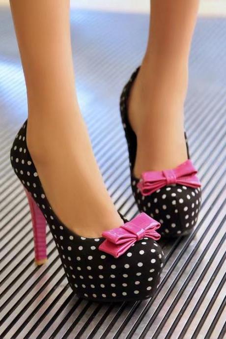 Sweet, High Heel Round Toe Single Shoes, Cute Bow Skinny Heels