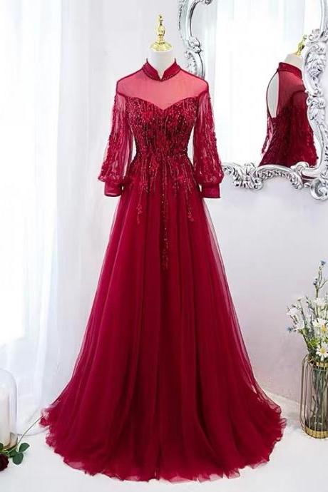 Long sleeve prom dress, red evening dress,high neck party dress,red fomal dress,Custom Made