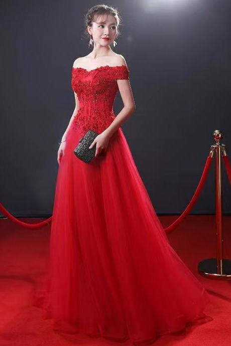 Red prom dress,elegant party dress,off shoulder evening dress,custom made
