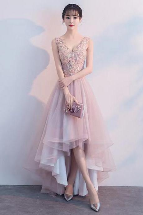 Girl party dress,v-neck birthday dress,pink high low dress,custom made