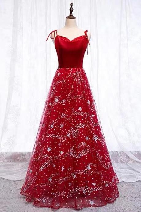 Red evening dress, birthday party dress, spaghetti strap prom dress,Custom made