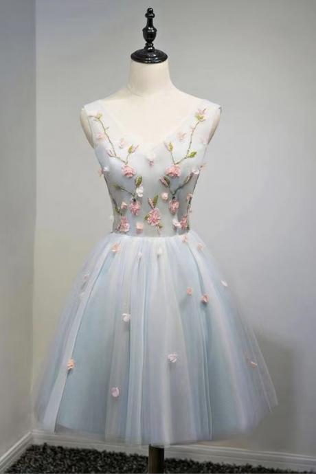 Fairy party dress,gray blue prom dress,chic birthday dress with applique,v-neck homecoming dress,custom made