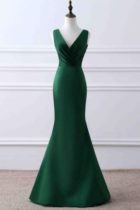 Green matte satin prom dress, v-neck mermaid dress ,unique design evening dress,sexy bodycon dress,custom made
